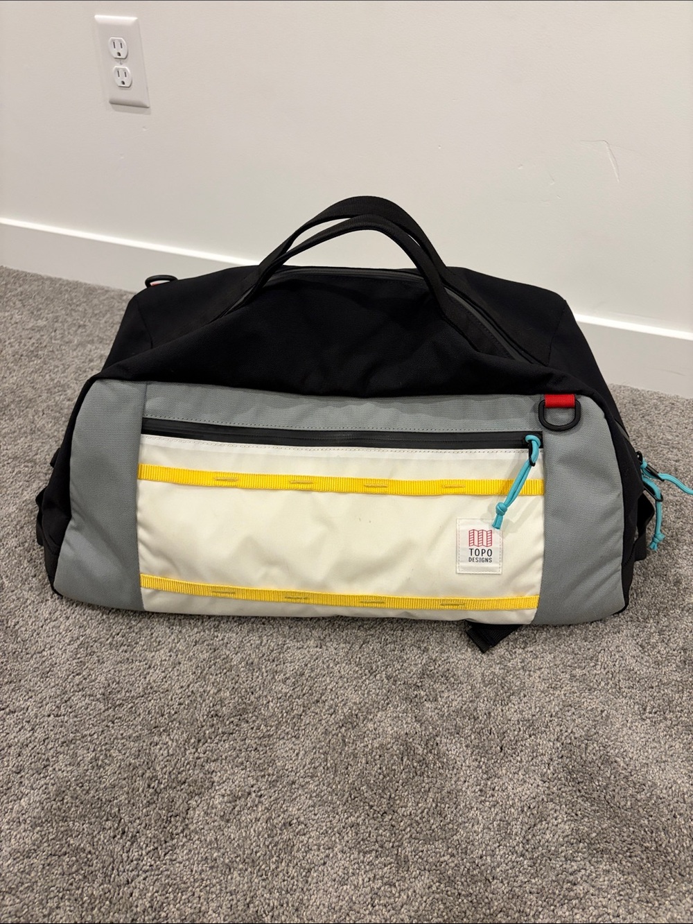 Topo Designs 40L Black, Gray and Cream Duffel with Yellow Trim
